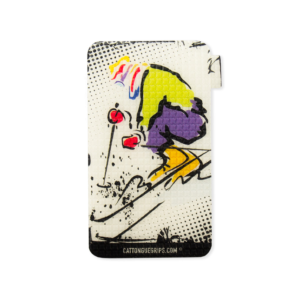 Cell phone grip with skier image