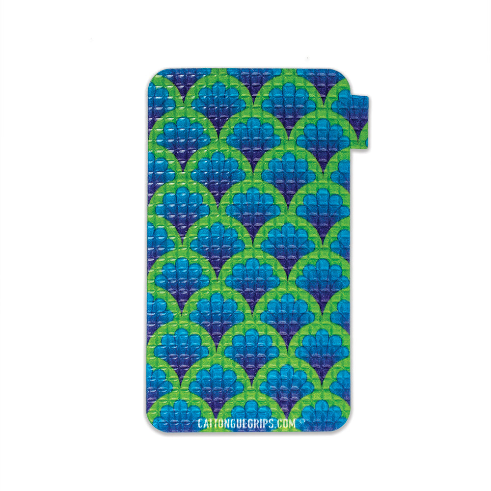 Cell phone grip with a colorful peacock inspired design